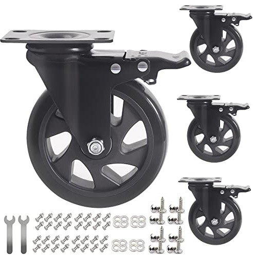 RRIUTO 125MM Heavy Duty Caster Wheels, Furniture Caster Bearing 800KG Swivel Castors Wheels for Furniture Rubber Swivel Trolley Castor with Brake (include 16pcs screws)