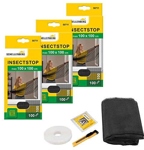 Schellenberg 3er Spar-Pack 50711 Fliegengitter für Fenster, Insektenschutz ohne Bohren, Schutz vor Mücken, Fliegen, Insekten und Ungeziefer, 100 x 100 cm, inkl. selbstklebendes Klettband, anthrazit