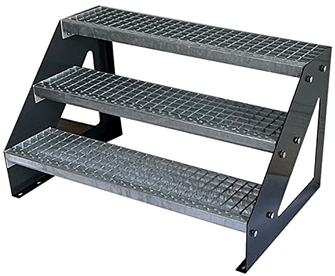 Premium Caillebotis Acier Escalier à Limon 3 Marches Autoportant Entièrement galvanisé et Anthracite Limons revêtus de Poudre - Dimensions (L x l x H) 63cm x 100cm x 57cm