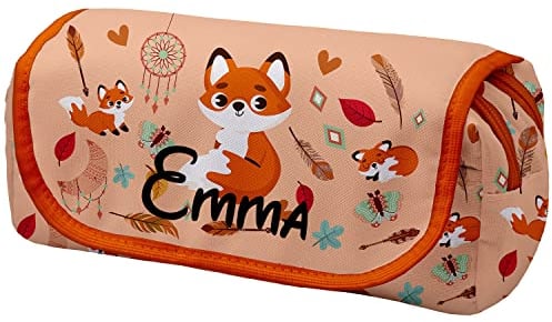 Personalisierte Mäppchen Federtasche mit Namen Schlamperbox Federmäppchen mit Klettverschluss Klappe Schüleretui Stiftemappe mit Zwei Reißverschlüssen Fuchs [151]