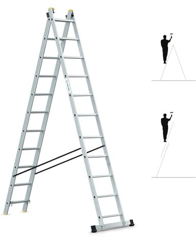 Scala a sfilo a 2 rampe StablePro, gradini 2x11 in alluminio, allungabile, 3 posizioni, altezza massima di lavoro 5,78 m, 5 anni di garanzia, Hostrom