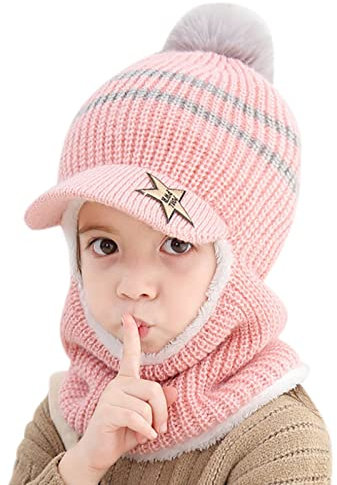 Wintermütze Beanie Hut Schal Set für Kinder, Kleinkind Jungen Mädchen Winter Warme Fleecefutter Strickmütze Winterschal Schalmütze Fleece Mütze Gestrickte 2er Schal Set für Kinder 1-8 Jahre Baby