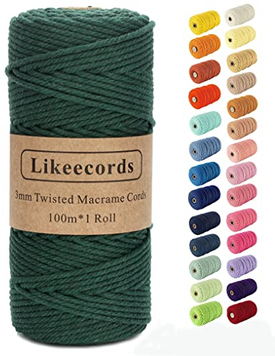 Likeecords Hilo Macrame 3mm x 100m, Cuerda Macrame Natural,Cuerda de Algodon 3mm Para Perchas de Plantas, Manualidades, Tejer, Proyectos Decorativos (Verde)