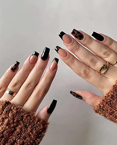 Sethexy Short Ballerine False Nail Tortoise French Press on Nail Glossy Fake Nails 24Pcs Acrylic Stick on Nails for Women and Girls