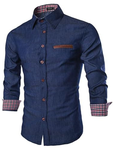 COOFANDY Men's Shirts Long Sleeve Denim Casual Work Shirt Button Down Dress Shirt Slim Fit Cotton Cowboy Shirts with Plaid Collar Navy Blue S