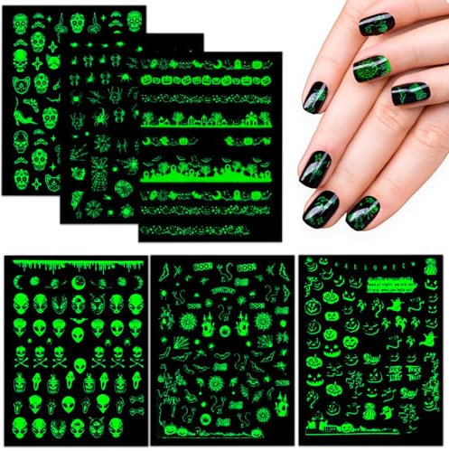simarro Halloween Nagelaufkleber, 6 Stück 3D leuchtende Halloween Nagelaufkleber klebrige Nagelaufkleber Nagelkunstzubehör Skelett Geist Kürbis Spinne Spinne Fledermaus Nagelkunst-Dekoration