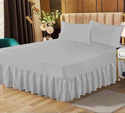 Easy Care King Size Plain Dyed Frill Valance Sheet Extra Deep Frilled Valance Sheet Poly Cotton King Size Mattress Cover Silver Grey 150 X 198 + 25 cm + Frill 40 cm