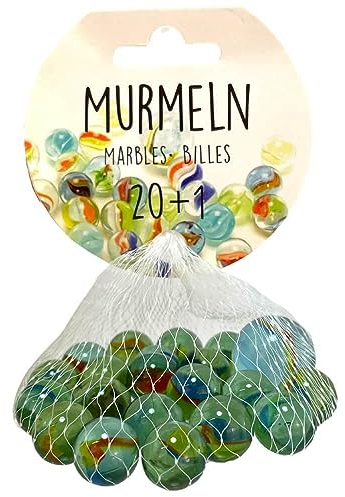 BEMIRO Murmeln Glas im Netz, inkl. 21 Glasmurmeln, Murmelspiel für alle Altersgruppen