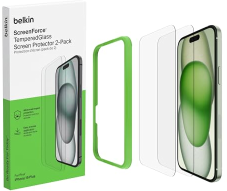 Belkin ScreenForce TemperedGlass Protector de Pantalla para iPhone 16 Plus, marco de alineación fácil para aplicación sin burbujas, cristal templado para iPhone 16 Plus y iPhone 15 Plus, paquete de 2