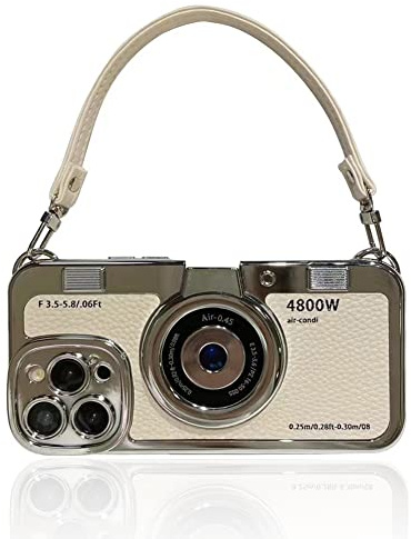 QoKcoahn 3D Vintage Camera Phone Case with Hand Strap - Unique Cool Silicone PC Shockproof Crossbody Protective Case for iPhone 15 Plus-White