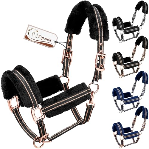 Esposita Halfter Champion Edition Stallhalfter Fellhalfter Flauschhalfter weich unterlegt mit Kunstfell flauschig (Shetty, Schwarz/Rosegold)