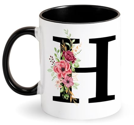 Tarklanda Taza Inicial Personalizada Taza con Letra y Flores Taza de Cerámica 350ML Tazas Inicial Tazas de Café Negro Regalos Originales para Mujeres, Colegas, Amigos en Cumpleaños (H)