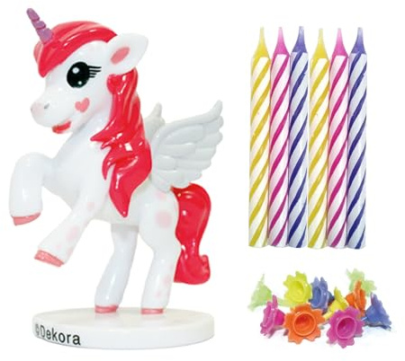 dekora - Einhorn-Set mit 10 Geburtstagskerzen - Set zum Dekorieren von Geburtstagstorten - Attraktives Design - Set mit 1 Einhorn und 10 Kerzen mit Sockel