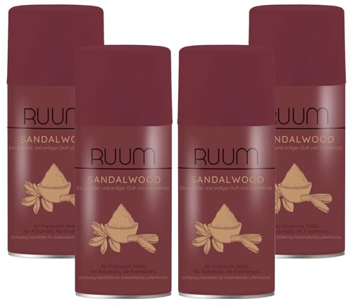 RUUM Lufterfrischer Nachfüller 4er Pack Sandalwood - Duft Nachfüller kompatibel mit Air Wick Freshmatic, Glade Brise - 4x 250 ml Duftspray für Geruchsneutralisierung & Frische