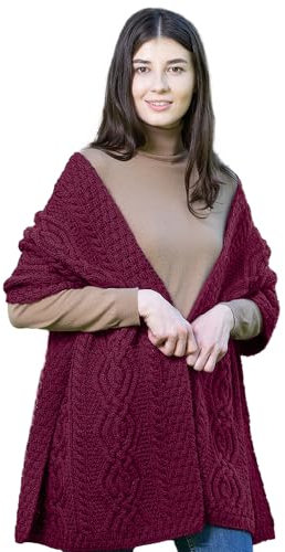 SAOL 100% Merinowolle Klassische Warme Irische Aran Cable Wickeln Schal für Damen (Samtrot)