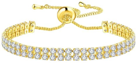 JewelryWe Tennisarmband Damen Zirkonia Armband: 5mm Breit Gold Edelstahl Tennis Armband Geschichtet Zweischichtig verstellbar dünne Armkette Kettenarmband Geschenk für Frau Mädchen
