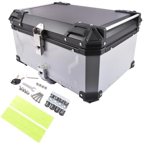 GELUOXI Silver Aluminum Waterproof Motorcycle Top Case Tail Box 65L with Lock for Luggage Storage