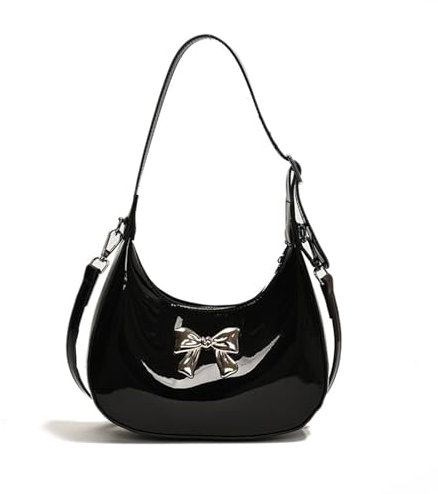 CXINLky Klein Halbmond Umhängetasche Damen, Y2K Lackleder Schultertasche mit Schleife, Textur Moon Bag Hobo Crossbody tasche Achselhöhlentasche für Mädchen Frauen-Schwarz