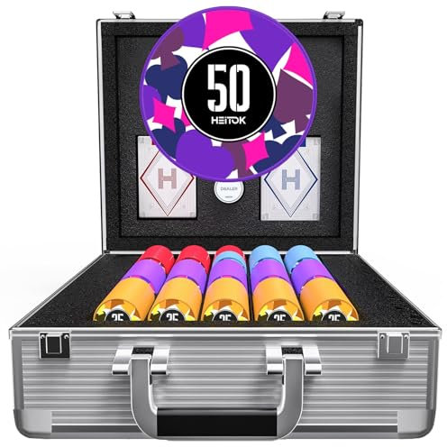 HEITOK Poker Chips, Poker Set with Aluminum Carrying Case & Professional Weight Chips, Casino Game (600 Chips with Numbered Values)