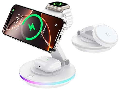 Mag Safe Chargeur 3 en 1 pour Apple Watch et iPhone - Pliable - Rotatif - avec réglage de la lumière - Support de Charge sans Fil - pour iPhone 16/15/14, AirPods - sans Adaptateur - Blanc
