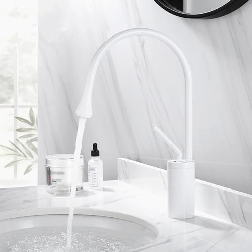 QZLGZXLAU Robinet mitigeur de Salle de Bain, Robinet de Salle de Bain à col de Cygne à Rotation à 360 °, pour lavabo monotrou, Blanc