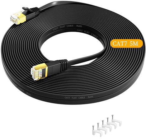 Nowunke Cable Ethernet 5m Cat 7, Cable RJ45 5m Plat Câble Réseau Haut Débit Fibre 10Gbps 600Mhz, Gigabit Haute Vitesse Blindé Cable Internet 5 mètres Câble LAN pour Routeur, Switch, Modem
