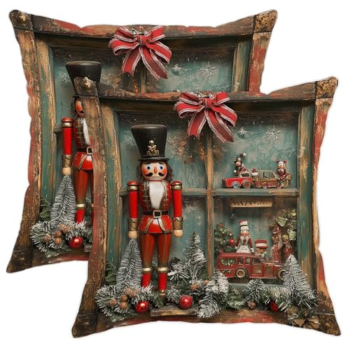 Weihnachtliche Nussknacker-Kissenbezüge, rote und grüne Feiertagskissenbezüge, winterliche Dekoration für Zuhause, Sofa, Schlafzimmer, Wohnzimmer, 40,6 x 40,6 cm