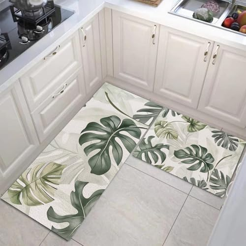 MULERN 2 Stück Küchenläufer Grüne Monstera-Blätter, Wasserdicht Küchenteppiche, Waschbar Teppich Läufer Küche, Anlage rutschfest Küchenmatte Für Esszimmer Küche Flur, Foyer 43X75Cm+43X150Cm