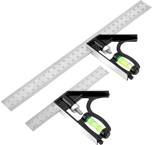 2Pcs Kombinationswinkel 300mm & 150mm Set, Einstellbar Kombiwinkel mit Kleine Wasserwaage und Anreissnadel, Edelstahl Combination Square, 45 & 90 Grad Multifunktionswinkel für Ingenieure Tischler