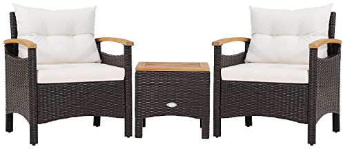 COSTWAY 3tlg. Rattan Gartenmöbel Set, Rattanmöbel mit 2 Sessel & 1 Beistelltisch, Gartenset mit Akazienholzplatte & Sitzkissen, Polyrattan Gartenlounge, Gartengarnitur Sitzgruppe Sitzgarnitur