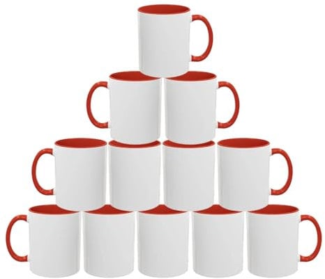 Sublimation Mugs 11oz Blank with Coloured Handle & Inner | Durable, Ceramic Mugs Perfect for Custom & DIY Printing, Gifts for Loved Ones | Available in Multiple Colour & Packs | Red Pack of 12