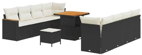 vidaXL 11-teiliges Gartensofa-Set mit Kissen in Schwarz und Creme Weiß aus Poly Rattan. UV-beständige Gartenmöbel im stylischen, modernen Design für Terrasse, Lounge, Sofas und Garten.