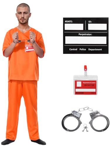 Harsever Prisoner Costume Men,Orange Jumpsuit With Prisoners Costume ID Board Metall Handcuffs And photo Sign,Halloween Fancy Dress Convict Costume