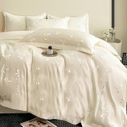 AShanlan Bettwäsche Kühlend 155x220 Satin Bettbezug und Kissenbezug 80x80cm | ÖKO-TEX Bettwäsche-Sets, Weiß mit Schleifen muster, Romantisch, Glanzatin Seide Bettwäsche-Set mit Reißverschluss