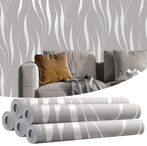 Camiraft 5 Rolls Grey and White Wallpaper for Living Room Wave Stripes 3D Embossed Thick Textured White Glitter Wall Paper Feature Non-Woven Wallpaper for Bedroom Adults TV Background 53cm x 9.5m