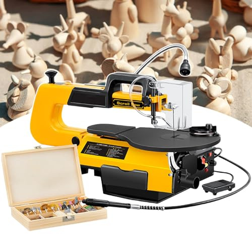 pealiritansemen 16-Inch Electric Scroll Saw, 550-1650 Rpm Stepless Speed Adjustment, Woodworking Variable Speed Scroll Saw, 50mm Cutting Thickness, with Flexi Shaft + Foot Pedal, for Handcrafters