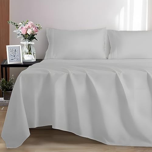 EverSoft Bedding 100% Egyptian cotton Flat Sheet, 400 Thread Count Ultra-Soft Long Staple Top Bed Sheet, Luxury Hotel Quality (Silver, King)