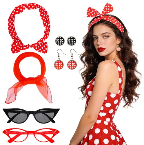 XDGBGFN 50er Jahre Accessoires Damen, 6 Stück Rockabilly Accessoires Set mit Haarband Schal Sonnenbrille Ohrringe Halskette für 1950s Mottoparty Retro Karneval Party