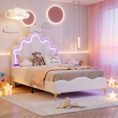BRILVERDE Mädchenbett 90x200 cm, Einzelbett mit LED, Prinzessinnenbett mit Kopfteil, Rahmen mit Lattenrost, für Mädchen, für Jugendliche, PU (Weiß, 90 x 200 cm)