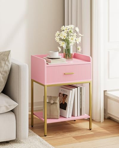 Apetaccat Nachttisch, 3-Tier Nachtschrank, Kleiner Beistelltisch, nachttische mit Schublade und offenem Regal, nachtschränkchen für Schlafzimmer, Wohnzimmer, rosa