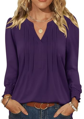 Rapbin Damen Bluse Langarm Oberteile Elegant Tops V Ausschnitt Lässige Blusenshirt Casual Shirt Herbst Tunika