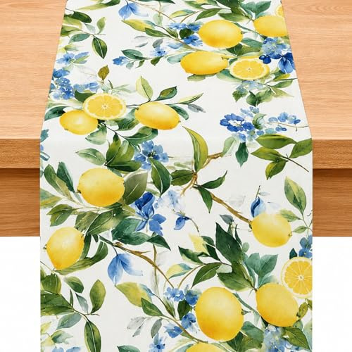 Tischläufer Zitrone Blau Weiß Porzellan Stil Zitronen Deko für Esstisch Sommer Frühling Tischdekoration Modernes Design Landhausstil Küche Bankett Party Für Den Küchentisch Feiertagsparty-Dekoration