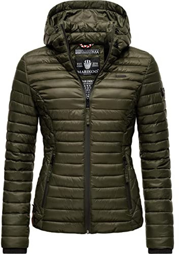 MARIKOO leichte Damen Übergangsjacke kurz mitteldick gefütterte Steppjacke mit Kapuze Samtpfote Olive Gr. M