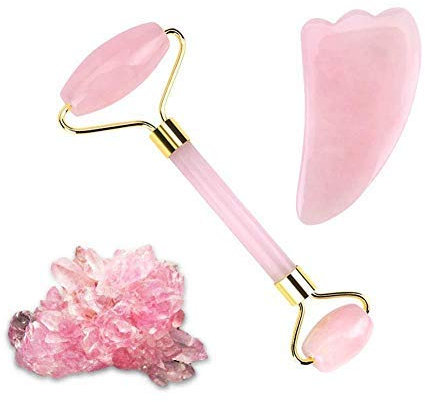 DEWIN Pierre Quartz Rose Naturelle, Pierre Rafraichissante Jade Roller Quartz Rose Visage, Gua Sha avec Rouleaux à Double Extrémité pour le Massage du Visage