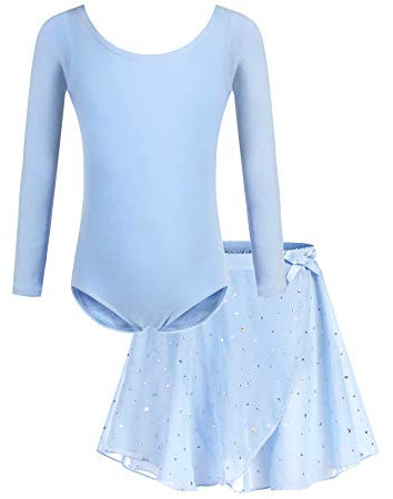 Bricnat Mädchen Ballettkleidung Kinder Ballettkleid Tanzbody Gymnastikanzug Balletttrikot Langarm Tanzkleid mit Tütü Kinder Baumwolle Blau 130