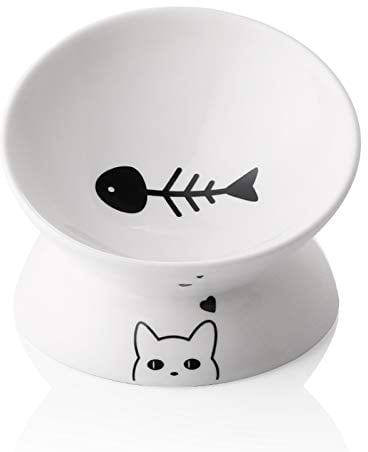 Sweejar Home Ceramic Raised Cat Bowls, Slanted Cat Dish Food or Water Bowls, Elevated Porcelain Pet Feeder Bowl Protect Cat's Spine, Stress Free, 140ml, Backflow Prevention (White)