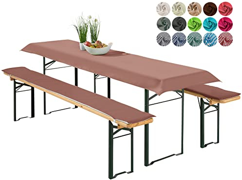 heimtexland ® Bierzeltgarnitur Auflagen Set 3-teilig Tischdecke Bierbankauflage Polster Kissen Biergarnitur Typ698 Braun für Tischmaß 50x220 cm