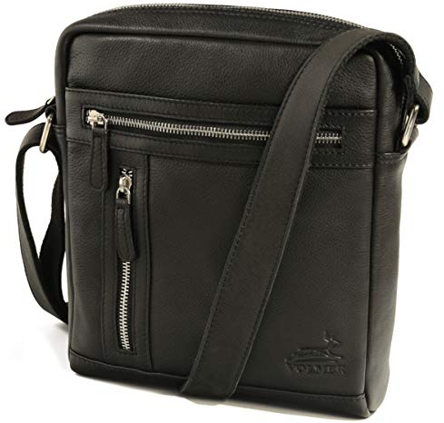 Fa.Volmer® Ledertasche | Tasche aus 100% echtem Leder für Herren und Damen | Schultertasche Umhängetasche Reisetasche | ca. 26 x 23 x 7 cm (LxBxH) (schwarz Princeton)