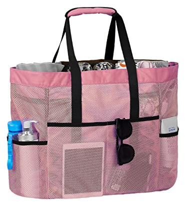 LIVACASA Bolsa de Playa Malla Grande Ligero con Cremallera Multi Bolsillos Cuerdas Antideslizante para Verano Piscina Playa (Rosa)