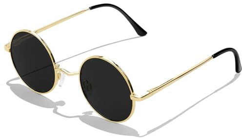 KANASTAL Runde Sonnenbrille Herren Damen Klassische Retro Polarisierte Sonnenbrille Rund mit Metallrahmen Vintage Hippie Rave Brille UV400 Schutz, Gold Rahmen Schwarze Gläser